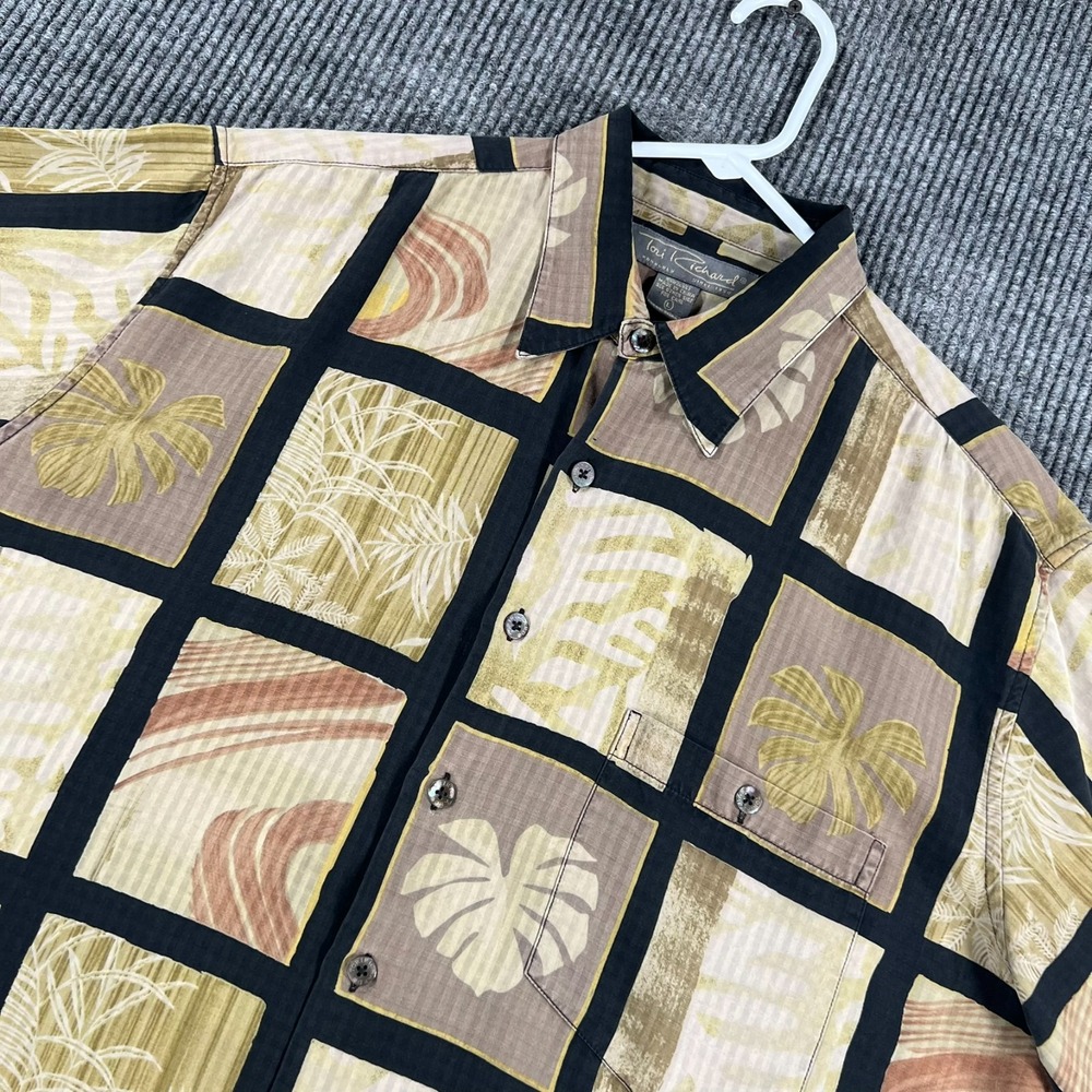 Tori Richard Shirt Mens Large Brown Green Geometric Short Sleeve Button Up Hawai